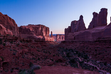 Beautiful geological formation in Park Avenue, hiking trail in the Arches National Park in Utah, in the morning