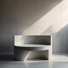 Blank slate gray concrete curve counter podium with a textured surface, bathed in soft and beautiful dappled sunlight, against a pristine white wall