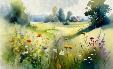 Watercolor painting of a landscape in the morning, landscape with flowers and grass, poppies in the field of wheat
