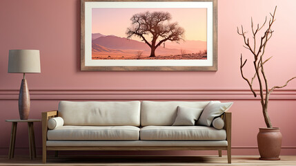 Minimalist room with sofa, table, vase of flowers and big photo frame view of trees in desert at sunset