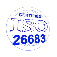 An illustration of ISO 26683 certification, like a stamp, in perspective. White background.