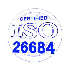 An illustration of ISO 26684 certification, like a stamp, in perspective. White background.