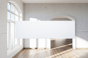 search box floating in air standing in luxurious loft apartment with arched window and minimalistic interior living room design; 3D Illustration