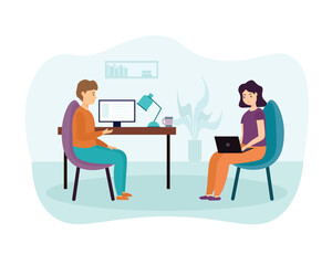 Cartoon programmers talking and working using computers and laptops in office. Process of developing and testing software. Vector flat style illustration