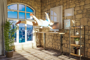 businessman floating in air gets sucked into pc display; surreal stress immersion and virtual reality concept; bright urban office with large window; 3D Illustration