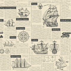 Fototapeta na wymiar seamless vector pattern background with drawings on the theme of sailing ships and sea travel and adventure. magazine or newspaper page. suitable for wallpaper, wrapping paper.