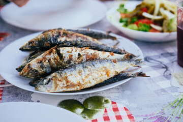 Grilled sardines on a plate, bread, salad, festival 