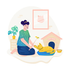 A young woman plays with her cat flat illustration design