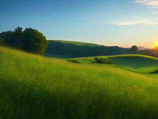 A lush, vibrant green hillside, dotted with wildflowers and tall grasses genereated by ai