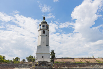 Fototapeta na wymiar The Belgrade Sahat Tower, Clock Tower, built in the middle of the 18th century, Baroque style, located at Belgrade fortress, Kalemegdan. Serbia, Europe.