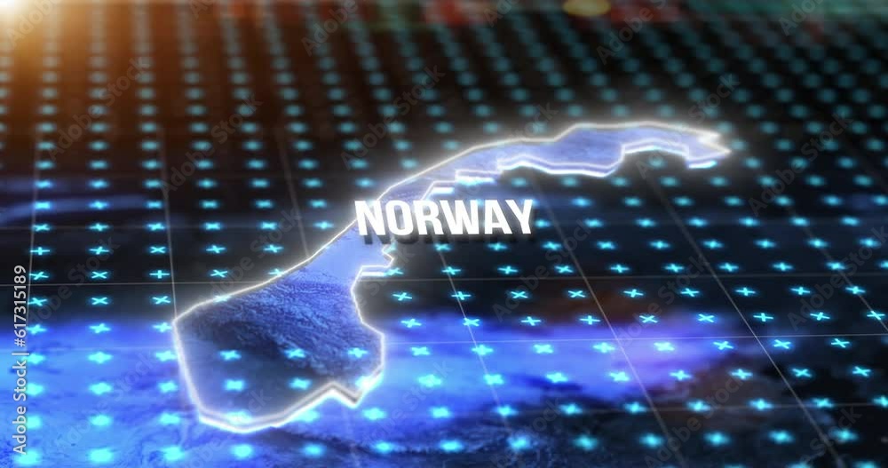 Poster Digital, world and Norway on an information technology or virtual map for global networking or connectivity. Future, data and grid for innovation, research or communication traffic on planet earth