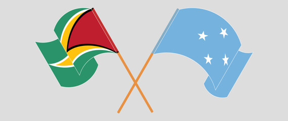 Crossed and waving flags of Guyana and Micronesia