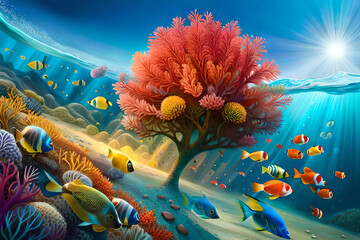 Obraz na płótnie Canvas coral reef teeming with marine life, vibrant coral formations in various shapes and colors, a school of tropical fish swimming in harmony