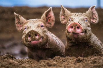 glückliche Schweine im Matsch Generative AI - obrazy, fototapety, plakaty