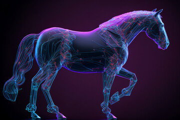 Obraz na płótnie Canvas Neural network of a horse with big data and artificial intelligence circuit board in the body of the equine animal, outlining concepts of a digital brain, computer Generative AI stock illustration