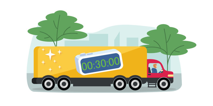 Illustration of courier travels by yellow truck on time. Character delivering parcels using different vehicles. Express delivery services to home or office. Flat style illustration