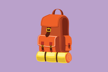 Character flat drawing camping backpack for hiking, trekking, holiday, travel and tourism isolated on blue background. Backpack for camp gears, mats, sleeping bags. Cartoon design vector illustration