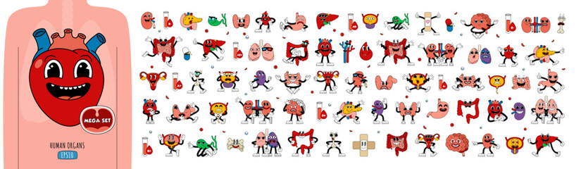 Mega set of retro human organs in funny comic cartoon style, gloved hands. Contemporary illustration with cute comic human organs characters. Doodle comic characters. contemporary cartoon style.