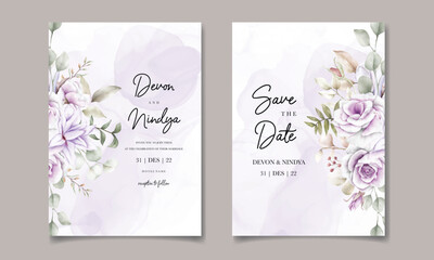 wedding invitation card with beautiful watercolor purple flower