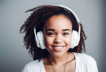 Ai generative.  A young  girl listens to music in headphones.