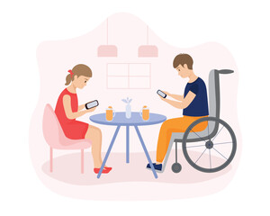 Cartoon couple and man in wheelchair chatting over breakfast in kitchen. Process of sharing content in social networks. Modern urban lifestyle. Contemporary digital environment. Vector