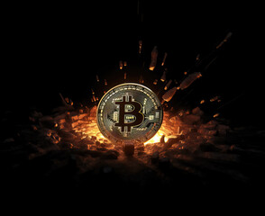Gold coin bitcoin, on an abstract dark background.