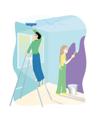 Cartoon couple paints walls and ceiling of house. Process of apartment renovation. Redecorating house interior with family. House renovation and repairing. Vector