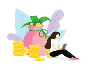 Cartoon girl working on laptop in front of bag of money. Finance growth and budget management. Revenue and income. Way to financial success. Vector illustration