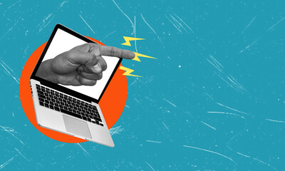 Art collage, notebook, and finger pointing at copy space location.