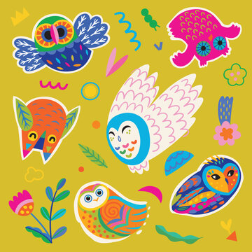 Set of cute bright owls and small nature elements. Vector illustration © penguin_house