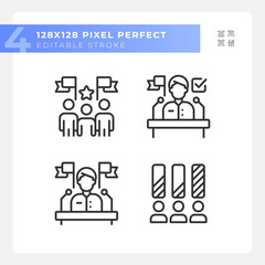 2D pixel perfect illustration of thin line icons representing election, editable voting signs.