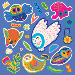Sticker set of cute bright owls and small nature elements. Vector illustration