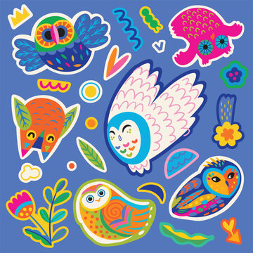 Sticker set of cute bright owls and small nature elements. Vector illustration © penguin_house