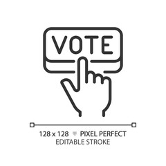 Pixel perfect thin line icon of hand pressing vote, vector illustration representing voting, editable election sign.