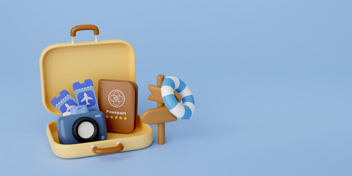 3d Traveling suitcase with travel accessories on Blue background. travel concept. 3d rendering.
