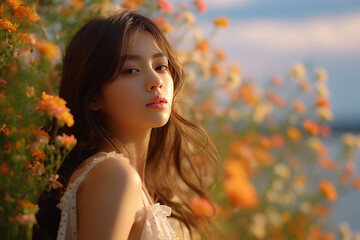 Naklejka premium Happy Woman in Flowers. Young Beautiful Girl with Emotionally Flowing Hair, Beaming Smile, and Petals on Plain Background - Spring Bliss and Positive Mood, Joyful Inspiration for the Soul