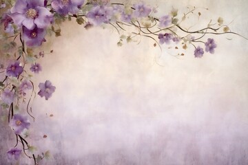 Naklejka na ściany i meble Hand painted canvas backdrop in soft purple and creams with flowers over a vine creeping up, lots of empty copy space Generative AI 