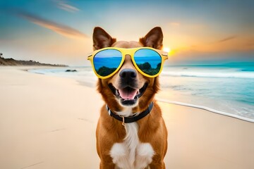 Obraz na płótnie Canvas dog with glasses on vacation generative AI