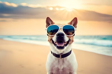 Naklejka na ściany i meble dog with glasses on vacation generative AI