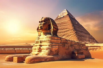 Generative AI.
sphinx statue background in desert - obrazy, fototapety, plakaty