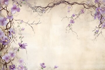 Fototapeta na wymiar Hand painted canvas backdrop in soft purple and creams with flowers over a vine creeping up, lots of empty copy space Generative AI 