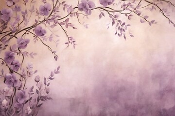 Hand painted canvas backdrop in soft purple and creams with flowers over a vine creeping up, lots of empty copy space Generative AI 