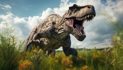 Dino World Striking T-Rex Art Against Dramatic Background