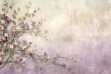 Hand painted canvas backdrop in soft purple and creams with flowers over a vine creeping up, lots of empty copy space Generative AI 