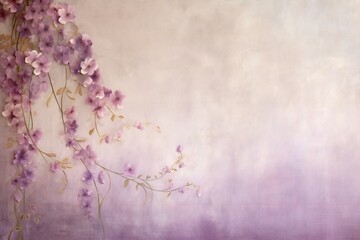 Hand painted canvas backdrop in soft purple and creams with flowers over a vine creeping up, lots of empty copy space Generative AI 