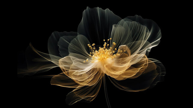 Golden x-ray image of a ethereal flower on black. Fantasy mystical blossom. Generative AI