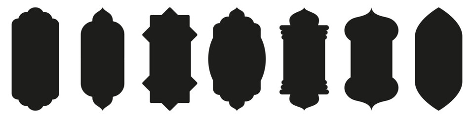 Shape Islamic door and window silhouette Arabic arch. Collection of patterns in oriental style. Frames in Arabic Muslim design for Ramadan Kareem. Vector mosque gate shape isolated on white.