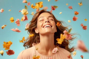 Obraz na płótnie Canvas Happy Woman in Flowers. Young Beautiful Girl with Emotionally Flowing Hair, Beaming Smile, and Petals on Plain Background - Spring Bliss and Positive Mood, Joyful Inspiration for the Soul