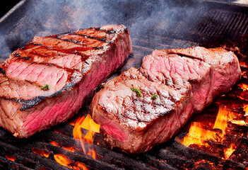 Steak for cooking and grilling beef steak with fire, in the style of precisionst art. Generative AI
