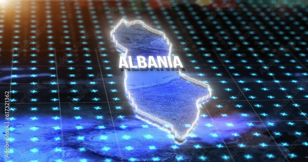 Leinwandbilder Digital map, country location and hologram of Albania on blue light hud, gps pin and 3d rendering. Technology, data and matrix of global position on radar, virtual reality or simulation of coordinate